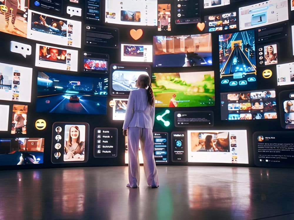 image of a woman watching on monitors around her